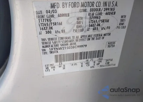 2003 Ford Super Duty F-250 King Ranch/Lariat/Xl/Xlt z USA, uszkodzony, nr VIN 1FTNW21S03EC99979